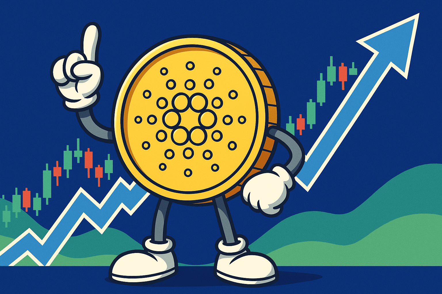 Cartoon van ADA-munt met stijgende koersgrafiek en bullish houding in crypto-karikatuurstijl