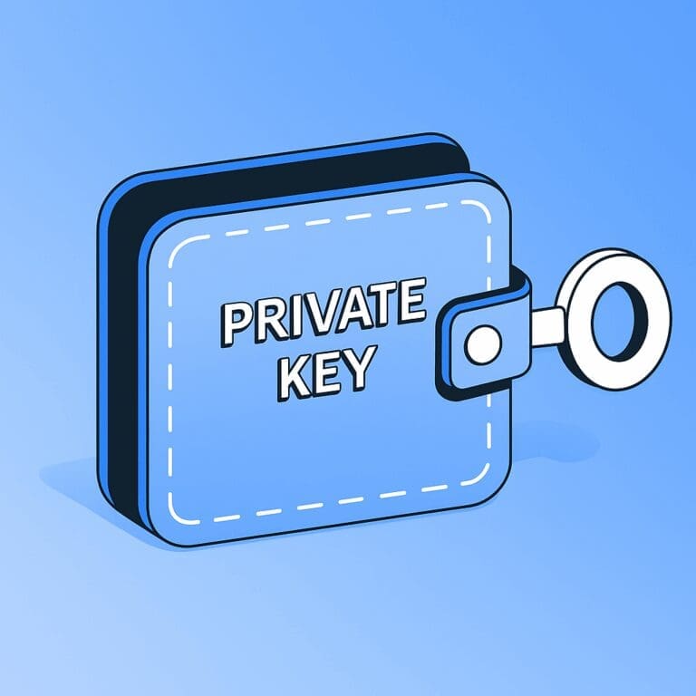 Digitale illustratie van een blauwe crypto wallet met het label "PRIVATE KEY", voorzien van een sleutel die uit de zijkant steekt, tegen een blauwe verloopachtergrond.