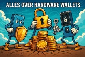 Cartoon van drie hardware wallets die crypto-munten beschermen met een schild, een slot en een sleutel tegen een digitale achtergrond.