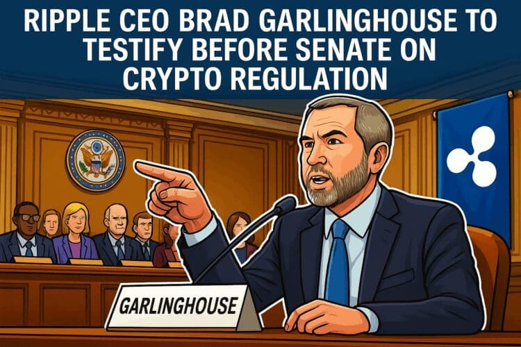 Cartoon van Brad Garlinghouse die getuigt voor de Senaat in een hoorzitting over crypto-regelgeving, met een Ripple-vlag op de achtergrond