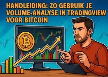 Cartoonachtige illustratie van een man die op een scherm volume-analyse voor Bitcoin bestudeert, met een grote gele Bitcoin-munt, stijgende volume-balken en een opwaartse koerslijn, in felle kleuren en stripstijl.