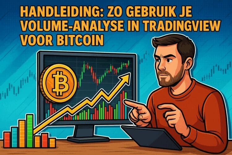 Cartoonachtige illustratie van een man die op een scherm volume-analyse voor Bitcoin bestudeert, met een grote gele Bitcoin-munt, stijgende volume-balken en een opwaartse koerslijn, in felle kleuren en stripstijl.