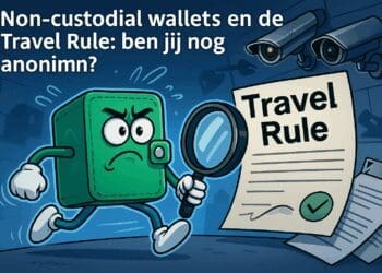 Cartoonachtige illustratie van een non-custodial crypto-wallet op de vlucht voor een loep en documenten met de tekst "Travel Rule", terwijl surveillancecamera’s meekijken. Heldere kleuren, sterke contrasten en een stripboekstijl benadrukken het thema privacy en regelgeving.