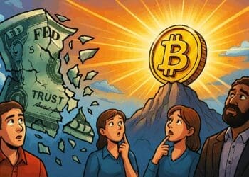 Cartoonachtige illustratie waarin een versleten biljet van de Amerikaanse dollar uit elkaar valt terwijl op de achtergrond een stralende Bitcoin-munt oprijst tussen lichtstralen. Mensen kijken verbaasd of opgelucht toe terwijl de Bitcoin als symbool van vertrouwen bovenaan een berg staat. De stijl is krachtig, dynamisch en toekomstgericht, met een sterk contrast tussen verval en opkomst.