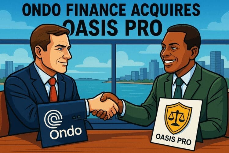 Cartoonachtige illustratie van een zakelijke handdruk tussen Ondo Finance en Oasis Pro met skyline op de achtergrond, symbool voor hun samenwerking in tokenized aandelen.