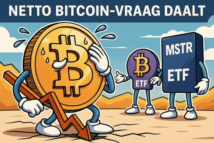 arikatuur van een zwetende Bitcoin-munt met een dalende pijl, terwijl ETF en MSTR karakters toekijken in een cartoonstijl