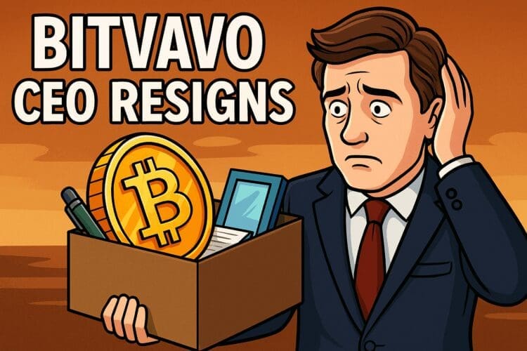 Karikatuur van Bitvavo CEO met een doos vol persoonlijke spullen en een grote Bitcoin, verwijzend naar zijn vertrek na integriteitsonderzoek