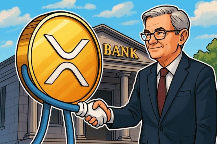 Karikatuur van een XRP-munt die de hand schudt met een oudere bankier voor een klassiek bankgebouw.