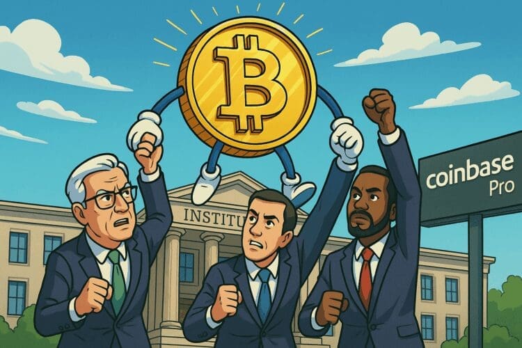Cartoon van drie institutionele investeerders die een grote Bitcoin omhoog hijsen voor een gebouw met Coinbase Pro-bord, symbool voor directe institutionele vraag