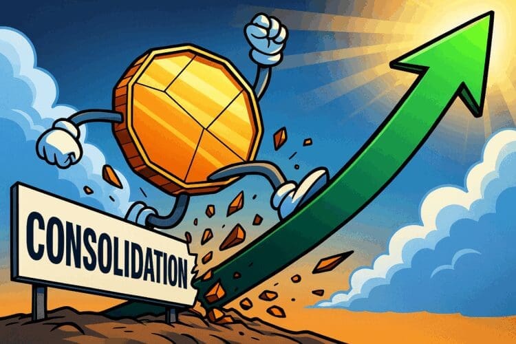Cartoon van een crypto-munt die door een muur met het woord "Consolidation" breekt, op een stijgende groene pijl richting zonlicht.