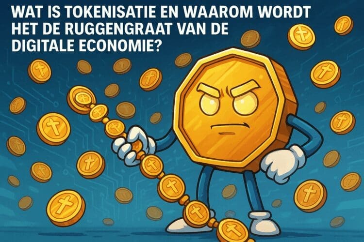 Cartoonachtige afbeelding van een humanoïde gouden token met een vastberaden blik, omringd door zwevende tokens en verbonden met een ketting van digitale munten, als symbool voor tokenisatie in de digitale economie.