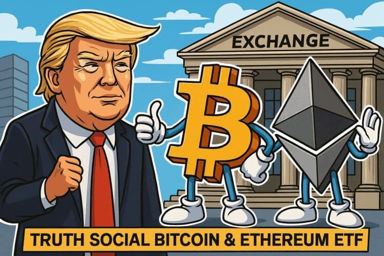 Cartoon van Donald Trump met Bitcoin- en Ethereum-figuren voor een beursgebouw, verwijzend naar de Truth Social ETF-aanvraag