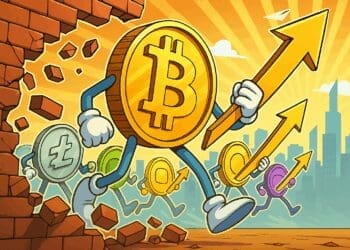 Cartoonachtige Bitcoin breekt door een muur met altcoins in zijn kielzog, symbool voor een nieuwe bullmarkt in crypto