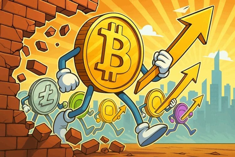 Cartoonachtige Bitcoin breekt door een muur met altcoins in zijn kielzog, symbool voor een nieuwe bullmarkt in crypto