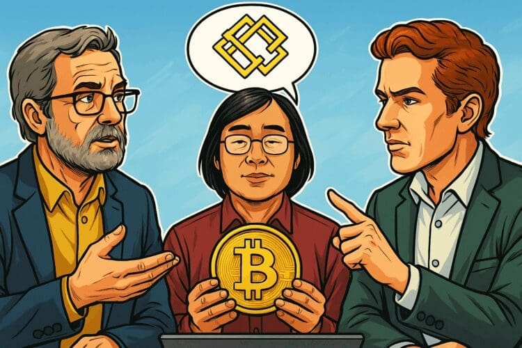 Karikaturale illustratie van Bitcoin-ontwikkelaars die code reviewen rond een groot Bitcoin-symbool, in een cartoonstijl, met een digitale achtergrond van blokken en netwerken.
