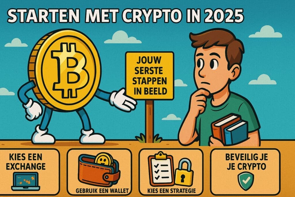 Cartoon-infographic met een Bitcoin-figuur die aan een beginner uitlegt hoe je in 2025 begint met crypto, inclusief visuele stappen voor exchange, wallet, strategie en beveiliging.