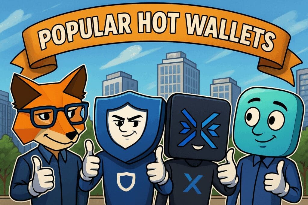 Illustratie van vier populaire hot wallets in 2025, waaronder MetaMask, Trust Wallet, Exodus en Zengo, als karikatuurfiguren met duimen omhoog in een stadsomgeving.