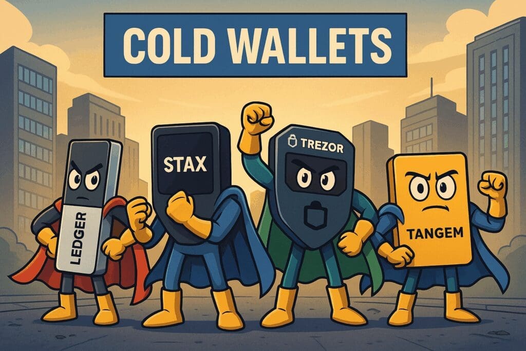 Cartoonstijl illustratie van vier populaire cold wallets in 2025, waaronder Ledger, Stax, Trezor en Tangem, afgebeeld als superhelden met het label "Cold Wallets" in een stedelijke achtergrond.
