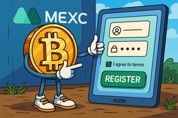 Cartoonstijl afbeelding van een vrolijke Bitcoin-munt die met een tablet een registratieformulier invult bij MEXC, met een groene ‘REGISTER’-knop en het MEXC-logo op de achtergrond.