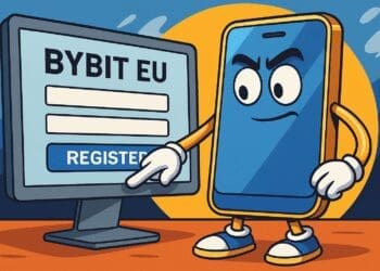 Cartoon van een smartphonepersonage dat op een computer het registratieformulier van Bybit EU invult en op de registreerknop drukt.