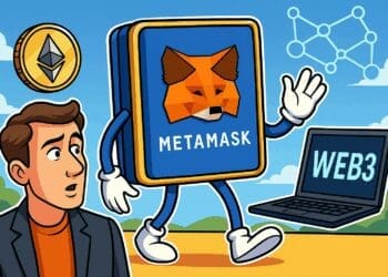 Cartoonillustratie van MetaMask als lopende crypto-wallet met Ethereum-munt en Web3-laptop