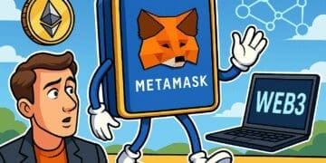 Cartoonillustratie van MetaMask als lopende crypto-wallet met Ethereum-munt en Web3-laptop