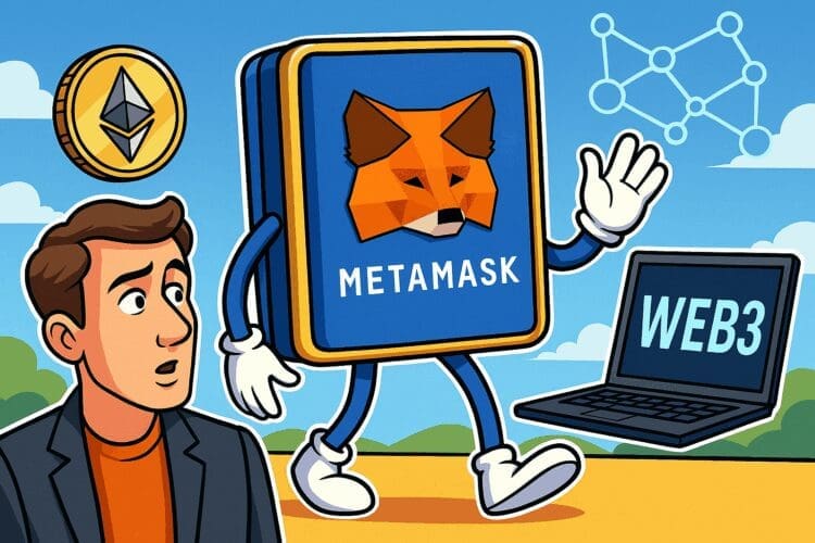 Cartoonillustratie van MetaMask als lopende crypto-wallet met Ethereum-munt en Web3-laptop