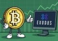 Cartoon van een vrolijke Bitcoin-munt die duim omhoog steekt naar het Exodus Wallet-logo op een computerscherm, met stijgende grafiek op de achtergrond.