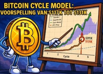 Cartoonstijl illustratie van een antropomorfe Bitcoin die naar een prijsgrafiek wijst met een voorspelde piek tussen $117K en $131K in de komende cyclus.