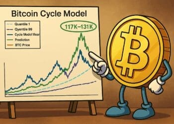 Cartoonstijl illustratie van een Bitcoin-figuur die naar een grafiek van het Bitcoin Cycle Model wijst, met een gemarkeerde piekprojectie van $117K–$131K.