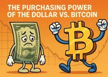 Illustratie van een verdrietige dollar en een triomferende Bitcoin met dalende en stijgende grafieken op de achtergrond, symbool voor de dalende waarde van de dollar en de stijgende waarde van Bitcoin.