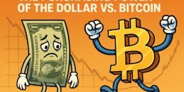 Illustratie van een verdrietige dollar en een triomferende Bitcoin met dalende en stijgende grafieken op de achtergrond, symbool voor de dalende waarde van de dollar en de stijgende waarde van Bitcoin.