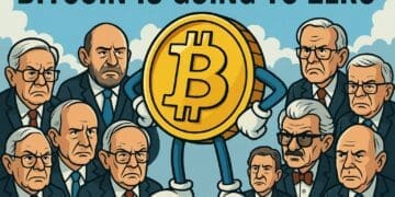 Karikatuur van een zelfverzekerde Bitcoin te midden van boze financiële experts die voorspelden dat het naar nul zou gaan.