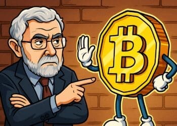 Karikatuur van Paul Krugman die sceptisch wijst naar een zelfverzekerde, antropomorfe Bitcoin-munt.