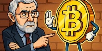 Karikatuur van Paul Krugman die sceptisch wijst naar een zelfverzekerde, antropomorfe Bitcoin-munt.