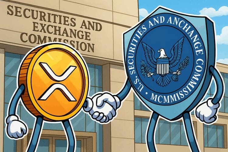 Illustratie van een XRP-muntpersonage dat de hand schudt met een SEC-schildpersonage voor het SEC-gebouw, als symbool voor de beëindiging van de rechtszaak.