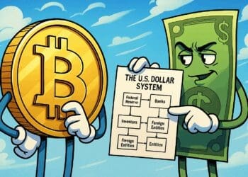Cartoon van Bitcoin en de Amerikaanse dollar als personages, waarbij de dollar een schema toont van het dollarsysteem
