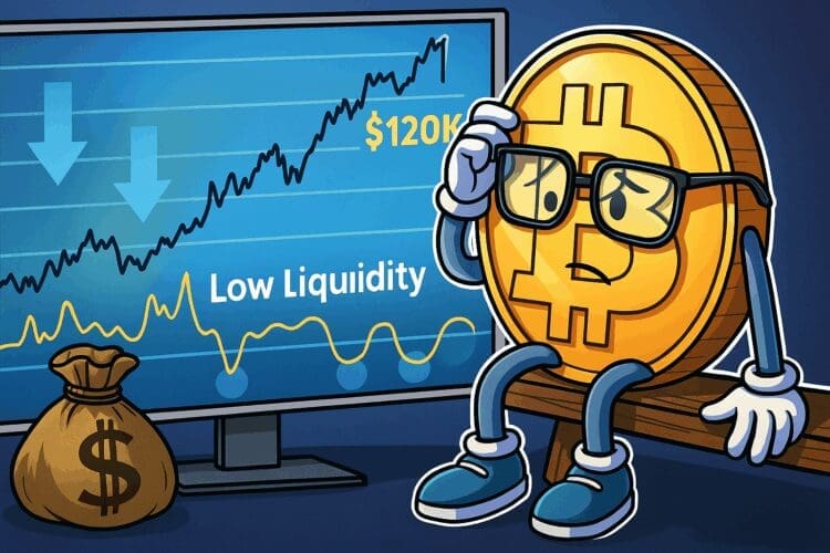 Cartoon van een humanoïde Bitcoin met bril die naar een grafiek kijkt waarop de prijs $120.000 bereikt en lage liquiditeit wordt weergegeven, in Cointelegraph-achtige stijl.