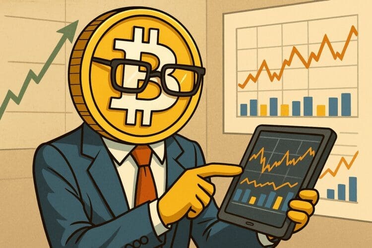 Karikatuur van een Bitcoin-personage in pak dat financiële grafieken analyseert op een tablet.