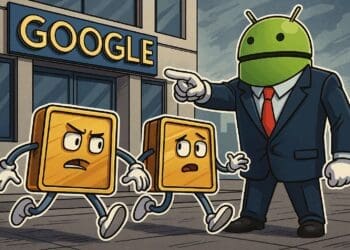 Cartoon van een Androidfiguur in pak die twee rennende crypto-wallets wegstuurt bij het Google-kantoor.