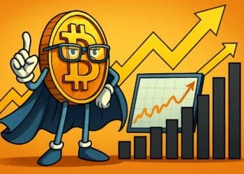 Karikatuur van een zelfverzekerde Bitcoin met bril en cape voor stijgende grafieken en pijlen, symbool voor groeiende jaarlijkse lows.