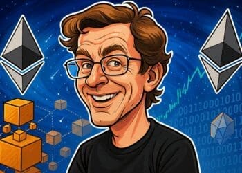 Karikatuur van Jeffrey Wilcke met overdreven gezichtskenmerken, omringd door Ethereum-logo’s, blockchain-blokken en koersgrafieken op een kosmische achtergrond.