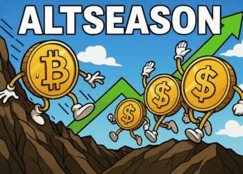 Cartoon in Cointelegraph-stijl van altcoins die stijgen terwijl een bezorgde Bitcoin-dominantie bergafwaarts gaat, met het woord "ALTSEASON" erboven.