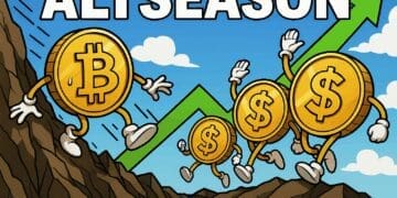 Cartoon in Cointelegraph-stijl van altcoins die stijgen terwijl een bezorgde Bitcoin-dominantie bergafwaarts gaat, met het woord "ALTSEASON" erboven.