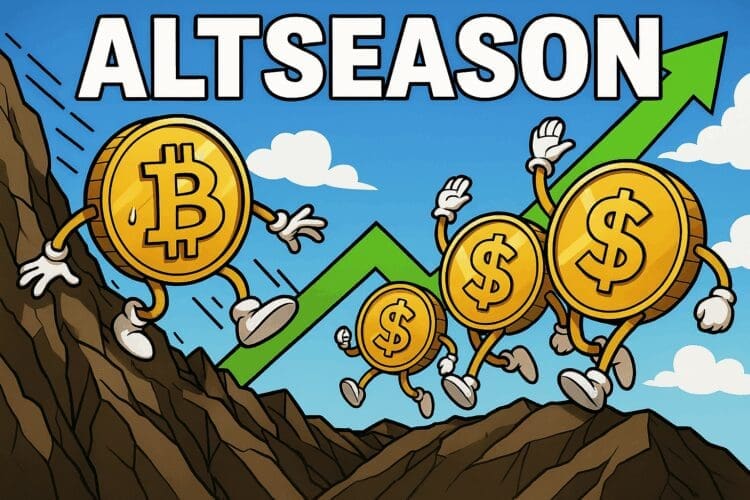 Cartoon in Cointelegraph-stijl van altcoins die stijgen terwijl een bezorgde Bitcoin-dominantie bergafwaarts gaat, met het woord "ALTSEASON" erboven.