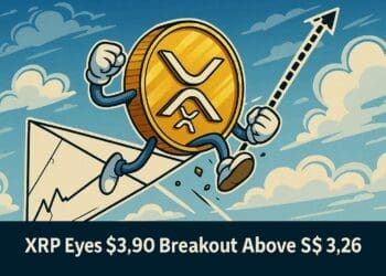 Cartoon van een XRP-munt die uit een driehoekspatroon springt met een stijgende pijl richting $3,90 op een heldere crypto-achtergrond.