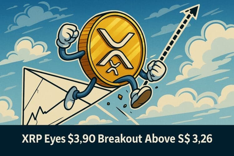 Cartoon van een XRP-munt die uit een driehoekspatroon springt met een stijgende pijl richting $3,90 op een heldere crypto-achtergrond.