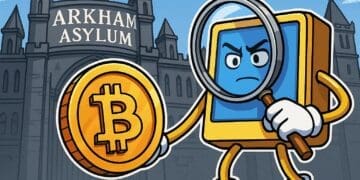 Cartoon van een computerscherm met vergrootglas dat een Bitcoin onderzoekt voor Arkham Asylum, in crypto karikatuurstijl