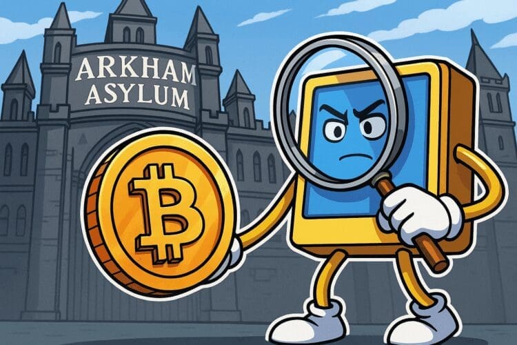 Cartoon van een computerscherm met vergrootglas dat een Bitcoin onderzoekt voor Arkham Asylum, in crypto karikatuurstijl