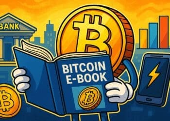 Cartoon van een Bitcoin-munt die een e-book leest met de titel “Bitcoin E-Book”, omgeven door symbolen van financiën en technologie.